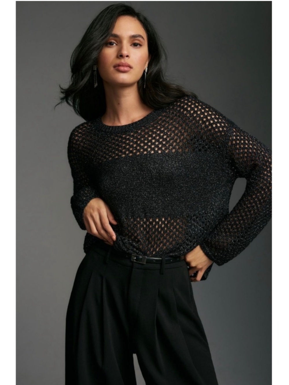 Pilcro Open Stitch Black Carbon Metallic Pullover Stretchy Sweater. XL Anthro